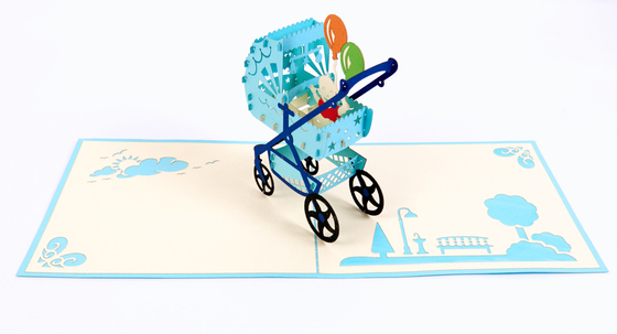 Baby Pram 3D Pop Up Greeting Card With White Envelope CMYK Color Offset Printing